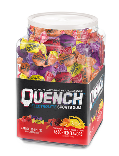 The new and improved Quench® Electrolyte Sports Gum is packed with electrolytes and bursting with flavor. It acts fast to quench your thirst and gives you the edge to reach your next peak. This comes with one Variety Tub with approximately 300 pieces of gum.
