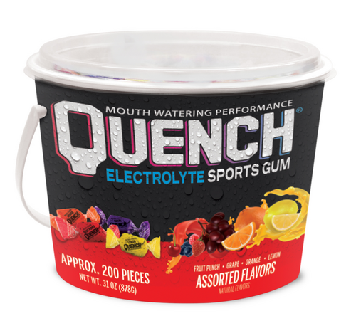 The new and improved Quench Electrolyte Sports Gum is packed with electrolytes and bursting with flavor. It acts fast to quench your thirst and gives you the edge to reach your next peak. One Variety Bucket holds approximately 200 pieces of gum.