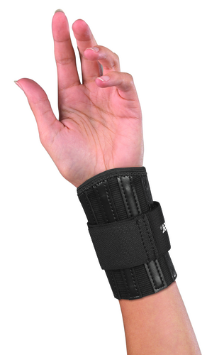 Wrist brace to help maintain wrist's natural straight position with unique contour design and steel support springs. Adjustable wraparound strap and breathable materials provide fit and comfort.