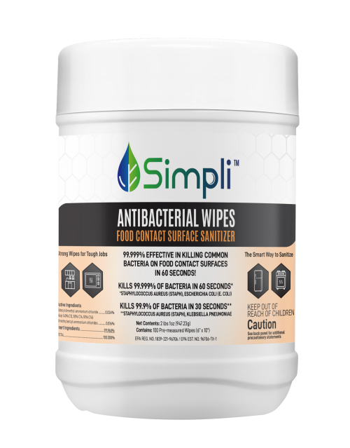 Simpli™ Antibacterial Wipes are premoistened, nonwoven durable wipes. The Simpli™ Antibacterial formulation Sanitizes FOOD and NON FOOD surfaces, Kills 99.999% of Bacteria in 1 minute. 99.9% effective in 30 seconds against Staphylococcus aureus (Staph), 99.999% effective in 1 minute against Escherichia coli (E. coli). 99.999% effective in killing common, Household, Kitchen, Bacteria on Food Contact Surfaces in 1 minute. Simpli™ Antibacterial Wipes is intended for use in Industrial Kitchens, Grocery Stores, Delicatessens, Catering Facilities, Banquet Halls, Nursery, Daycare Centers, Household Kitchens, and Bathrooms.