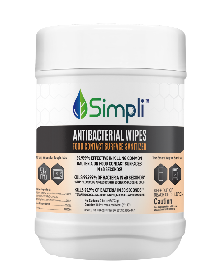 Simpli™ Antibacterial Wipes are premoistened, nonwoven durable wipes. The Simpli™ Antibacterial formulation Sanitizes FOOD and NON FOOD surfaces, Kills 99.999% of Bacteria in 1 minute. 99.9% effective in 30 seconds against Staphylococcus aureus (Staph), 99.999% effective in 1 minute against Escherichia coli (E. coli). 99.999% effective in killing common, Household, Kitchen, Bacteria on Food Contact Surfaces in 1 minute. Simpli™ Antibacterial Wipes is intended for use in Industrial Kitchens, Grocery Stores, Delicatessens, Catering Facilities, Banquet Halls, Nursery, Daycare Centers, Household Kitchens, and Bathrooms.