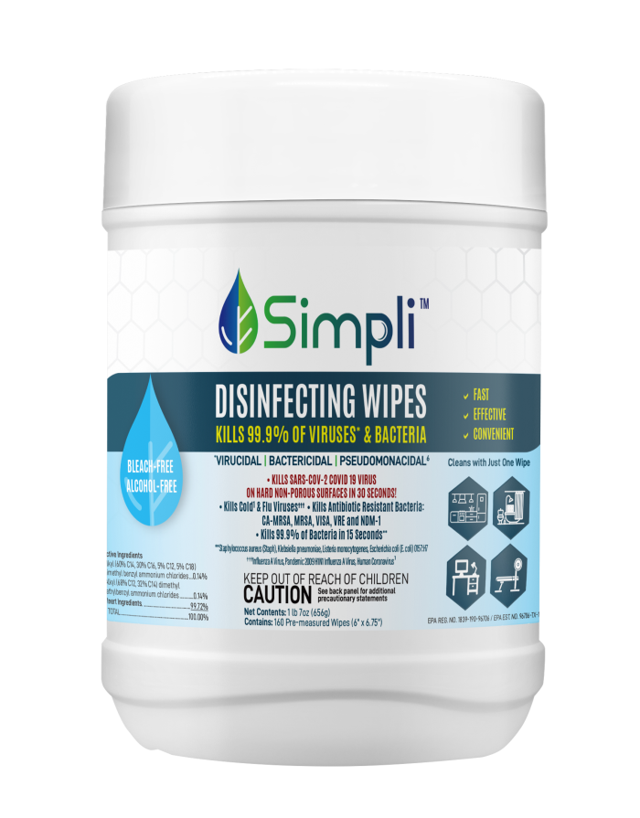 Simpli™ Disinfecting Wipes are premoistened, nonwoven durable wipes containing a Quaternary based solution eliminating 99.9% of viruses and bacteria.