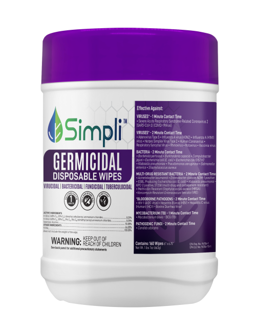 Germicidal wipes that are premoistened nonwoven durable wipes containing a Quaternary/Alcohol-based solution.