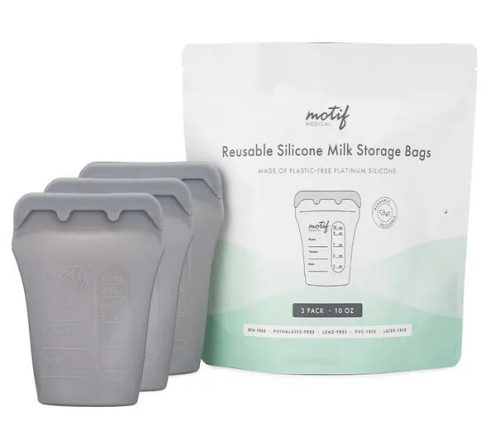 Motif reusable silicone breastmilk bags.